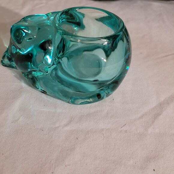 Aquamarine glass Indian Glass Co Sleeping Cats tealight candle holder - Picture 2 of 8